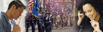 Composite picture of man looking down, parade and woman on cell phone
