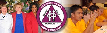 Composite picture of members of the family program hugging, National Guard Family Program emblem, and kids from the youth program